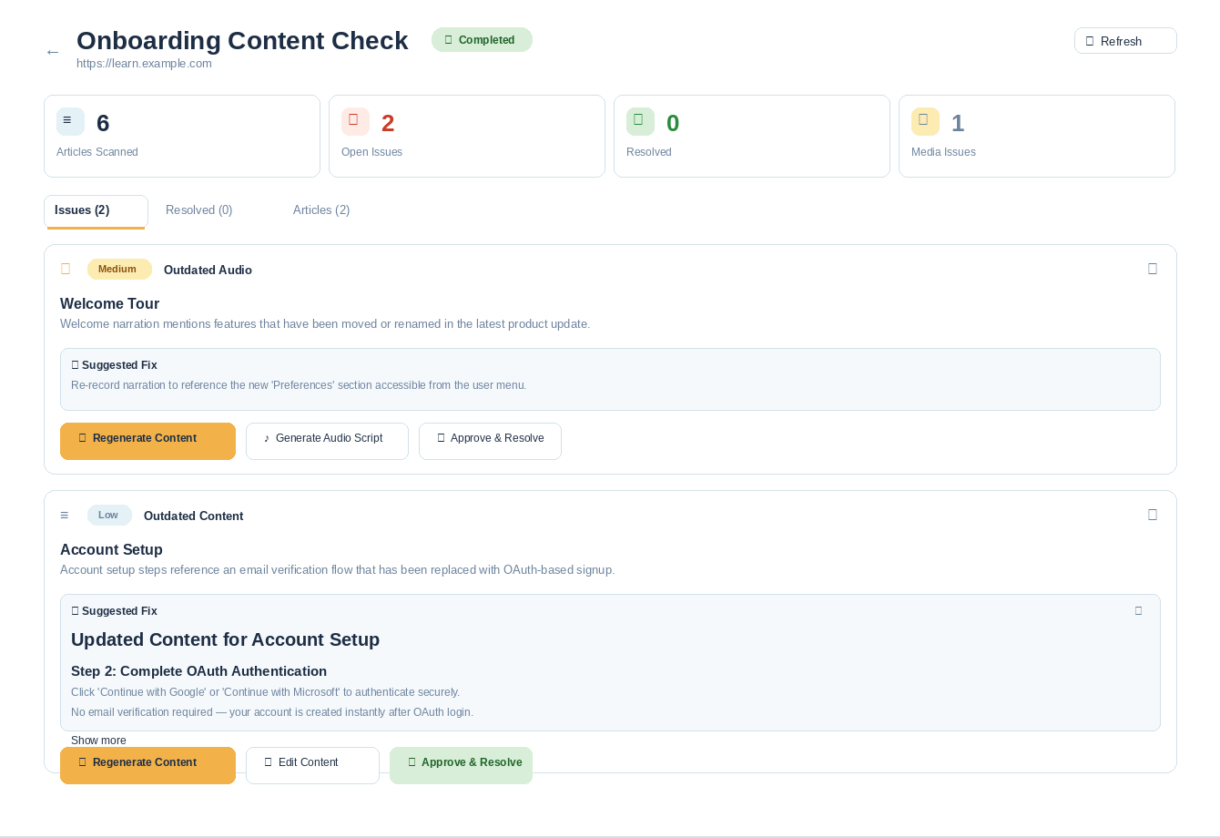 Continuity Intelligence content check showing detected issues with suggested fixes and resolution actions
