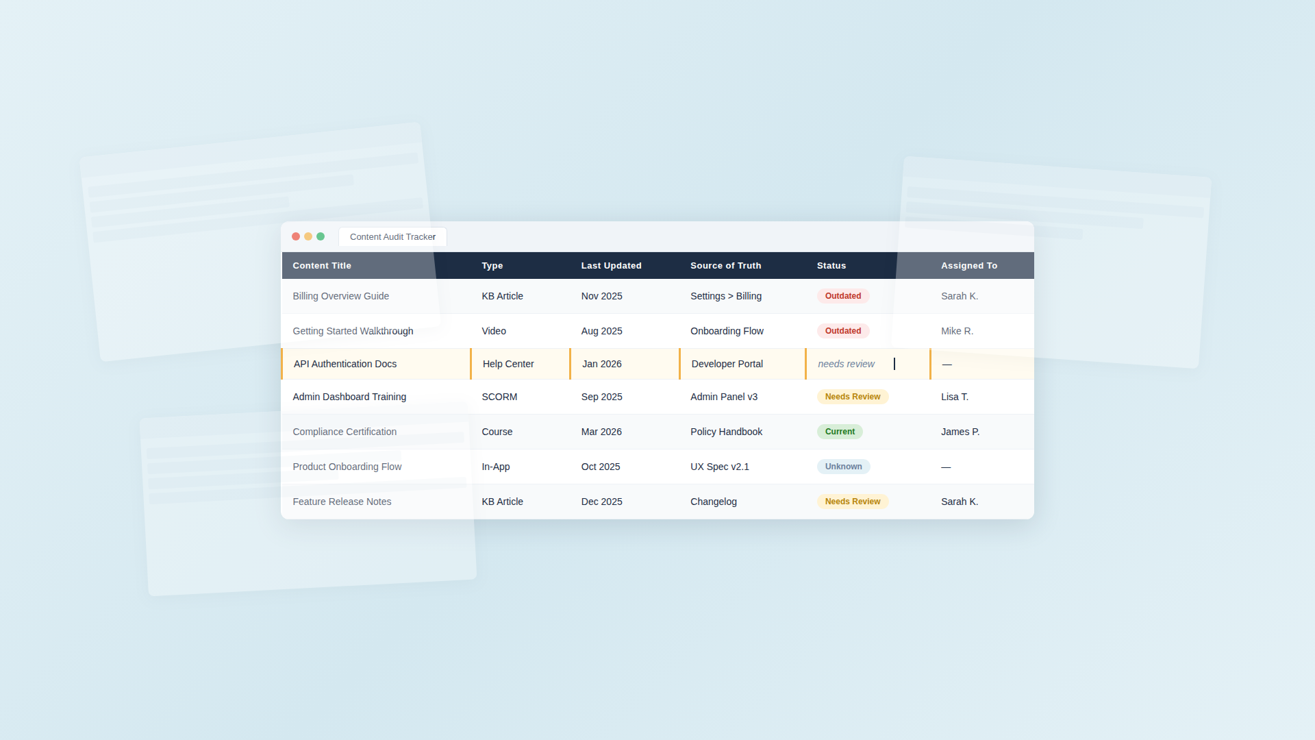 Manual content audit tracker spreadsheet